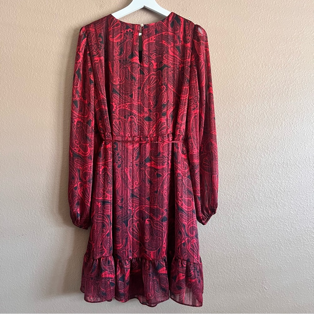 Tommy Hilfiger Paisley Chiffon Belted Long Sleeve Dress in Red Shimmer Size 14 - Picture 7 of 9